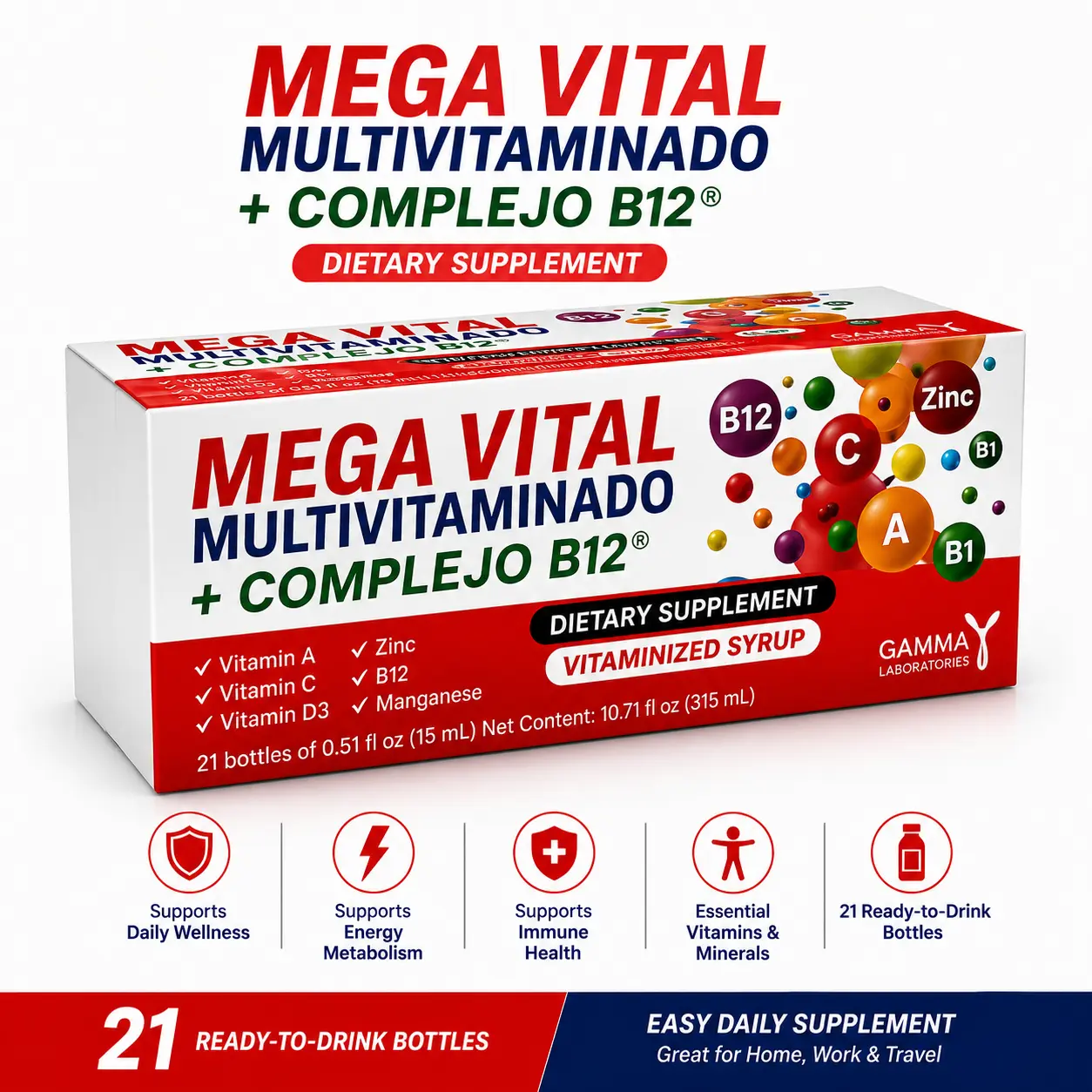 MEGA VITAL Multivitaminado + Complejo B12 | 21 Frascos