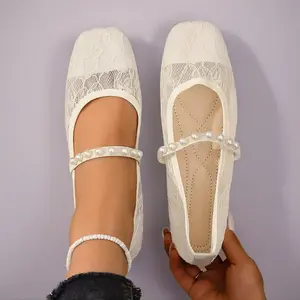 Womens Pearl Mesh Nettd Ballet Fats, Elegant Square-Toe Flat Shoes tor Parties and Daily Wear, Lightweight Breathable Comfortable Footwear for Women & Girls Ballerina Flats Shoes