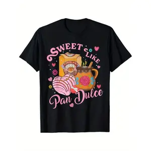 Cotton Sweet Like Pan Dulce" Men's T-Shirt - Black Cotton Tee with Mexican Bread & Floral Design, Casual Round Neck, Perfect for Gifting, Sizes S-XXXL