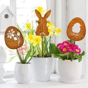 [2D Flat] 3pcs Set of Naturally Rusted Wrought Iron Garden Stakes for Easter, One Rabbit, Two Eggs,Featuring Designs of Eggs and Rabbits, Perfect for Outdoor Decoration in Patios, Flower Pots, Balconies, and On Top of Fences