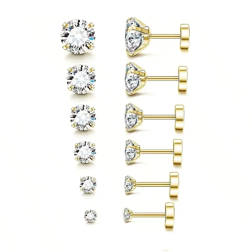 Unisex 6-Pair 316 Stainless Steel Anti-Allergy Earrings Set - 4-Claw Embedded 3mm-8mm Synthetic Cubic Zirconia, Ribbon Screw Round Cake Design, for Everyday Wear & Gifting