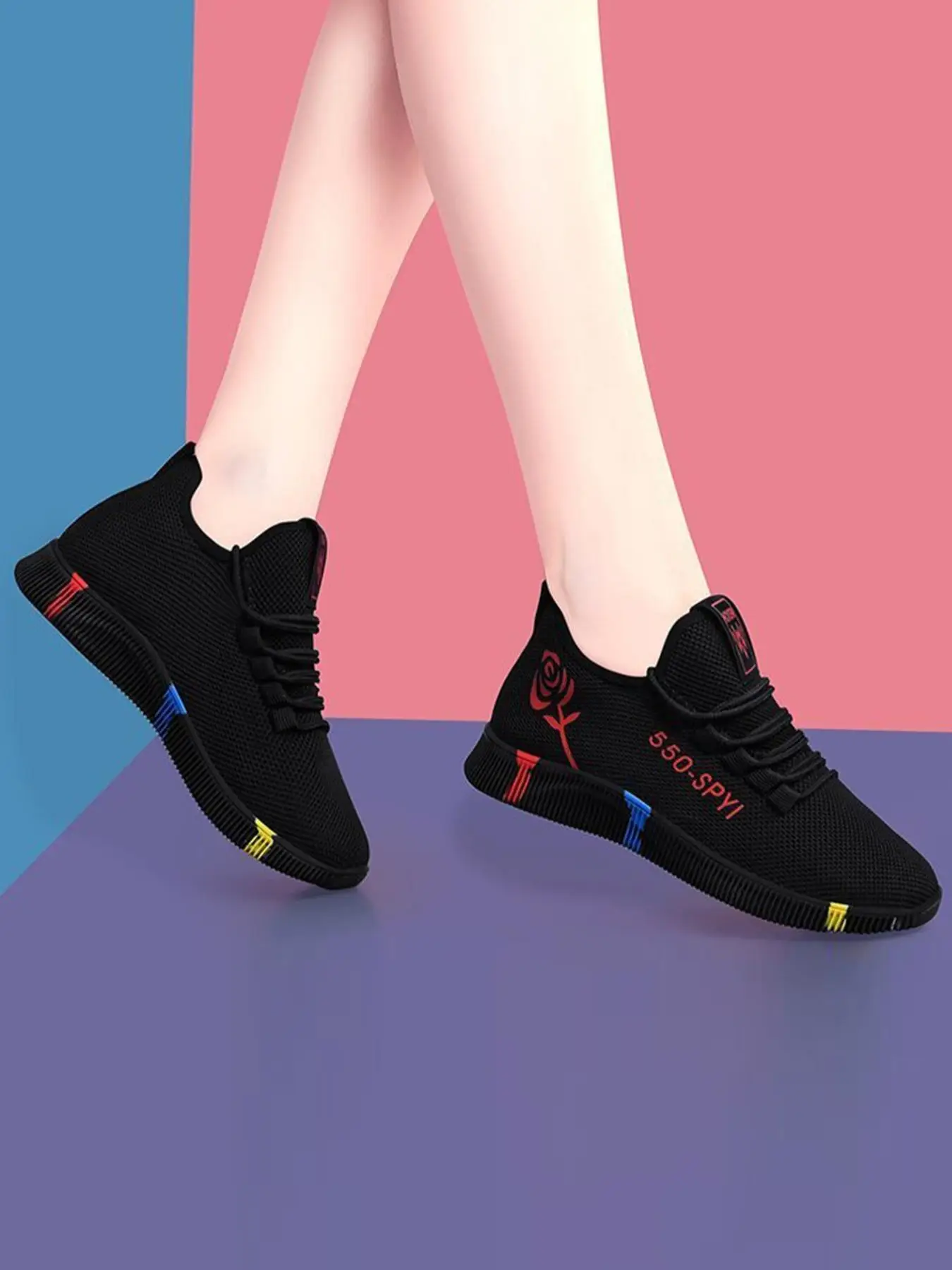 Women's Fashionable Letter & Floral Pattern Lace up Round Toe Sneakers, Casual Comfortable Sports Shoes for Daily Wear, Trendy Matching Running Shoes