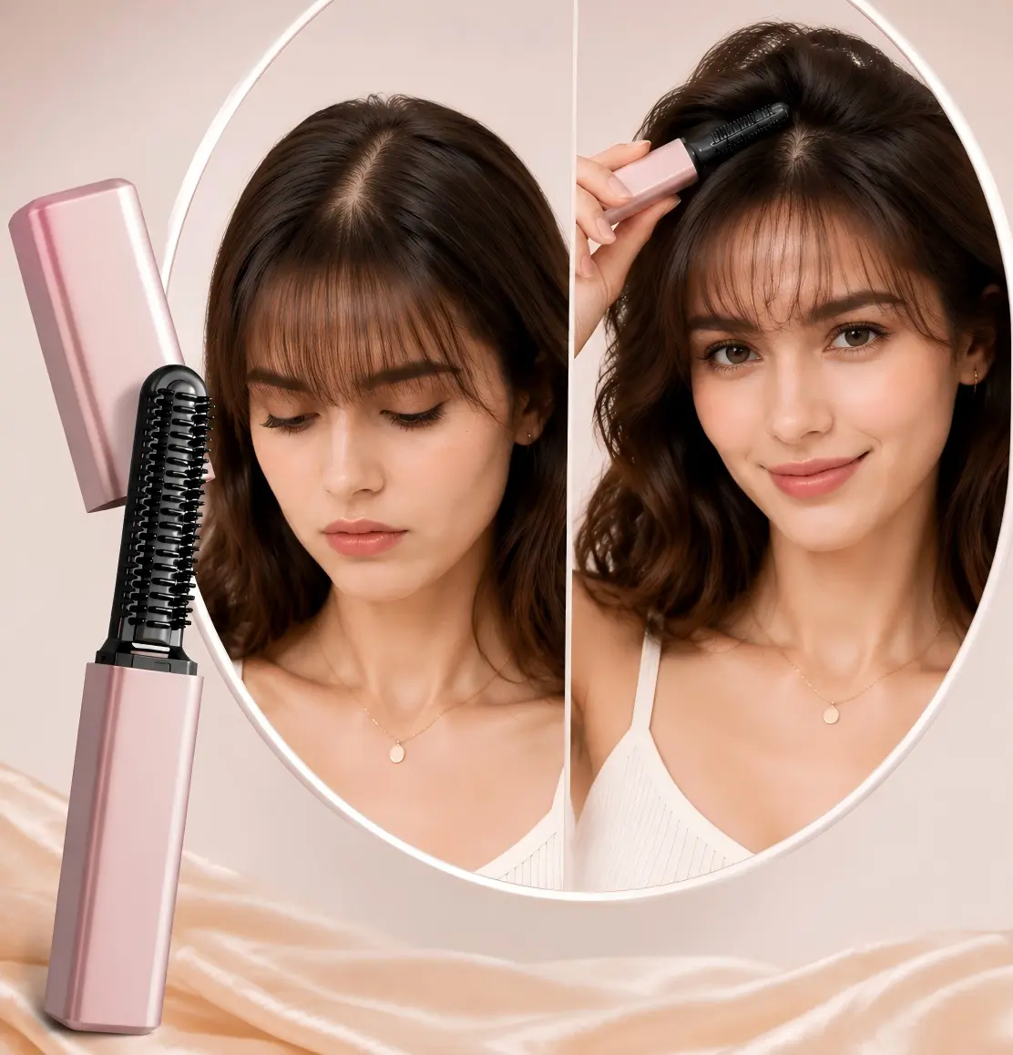 Portable Mini Hair Straightener for Bangs，2026 New USB Rechargeable Wireless Hair Straightener Comb, Cordless Portable Pocket Bang Styling Comb for Travel, Wedding, Home, Daily (Rose Gold)