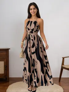 Elegant Women's Summer Woven Dress, Shoulder Strap, Waist Tie Knot Design, Colorblock Irregular Print, A-Line Long Dress, Perfect for Various Occasions