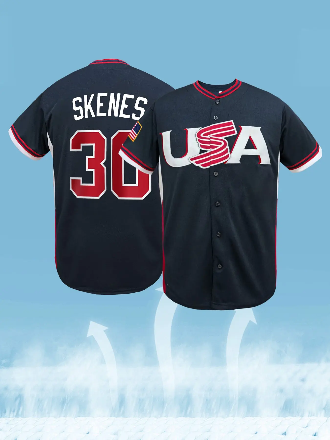 Men's USA #30 Stitched Baseball Jersey with Name & Number, USA Flag Patch Button Down Baseball Shirt, Breathable Sportswear, Athletic Activewear, Athletic Active Tops, S-3XL, Breathable Athletic Top