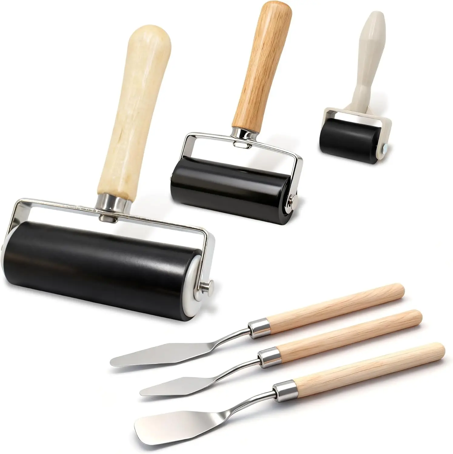 6 Pack Rubber Brayer Roller Kit 3 Sizes Rubber Rollers with 3 Scrapers for Printmaking Wallpaper Ink Stamping Gluing Oil Painting Craft Art DIY - 1.4 in 2.4 in 4 in