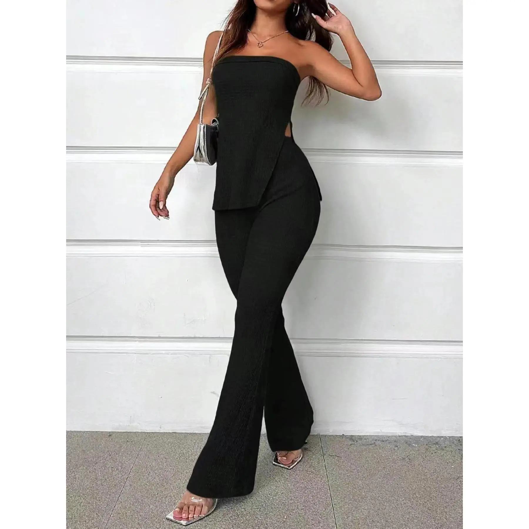 (New)Two-Piece Set Women's Solid Split Hem Strapless Tube Top & High Waist Pants Set, Elegant Fashion Casual Two Piece Outfits for Daily Outdoor Wear, Ladies Clothes for Summer Womenswear