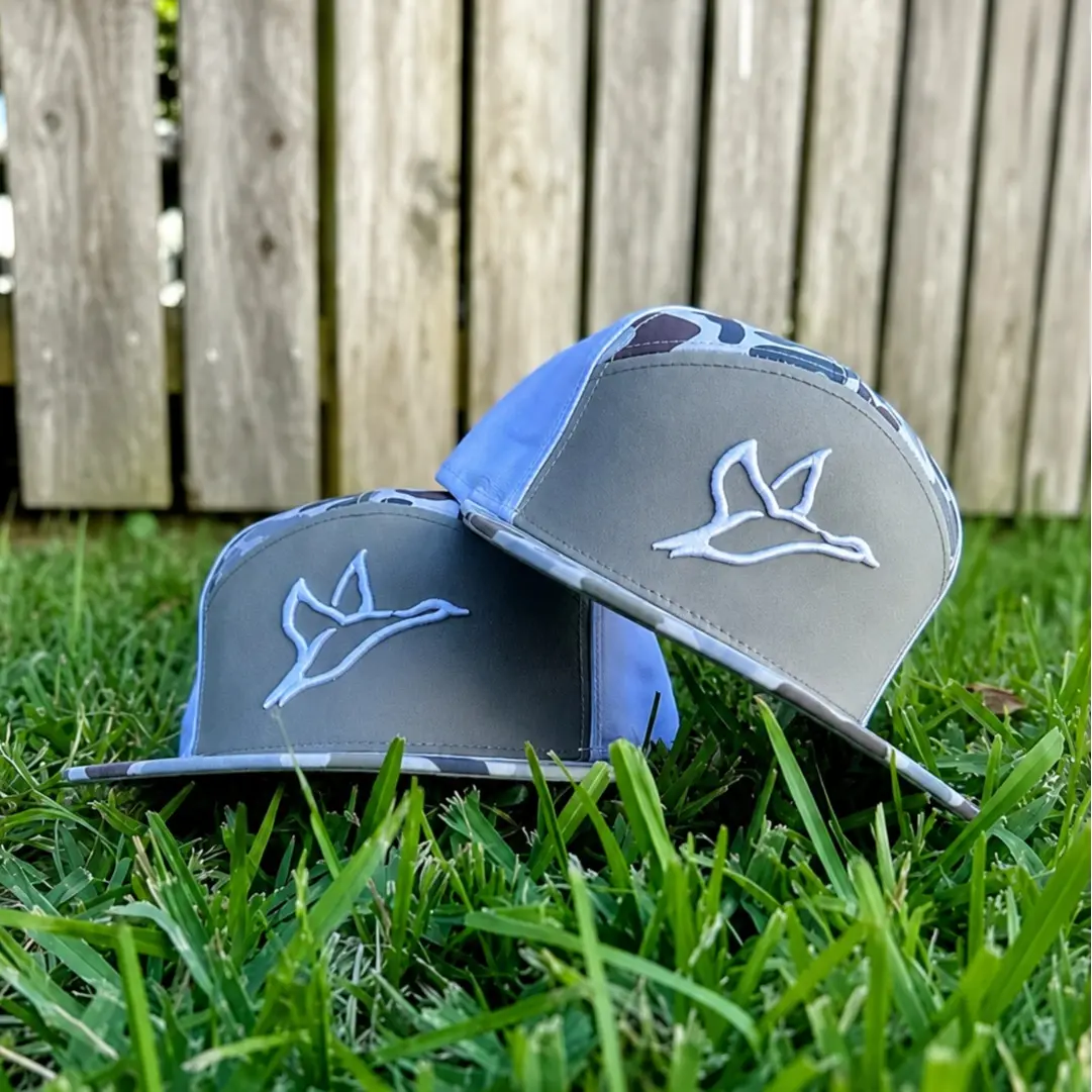 Duck Icon Flying 7 Panel Brackish White Trucker Hat, Full Black and White Embroidered Snapback