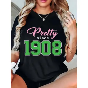 Women's Black 'Pretty Since 1908' Graphic T - Shirt, Casual Short Sleeve Tee for Ladies, Sorority AKA Inspired Daily Wear, Perfect for Casual Outings & Sorority Events