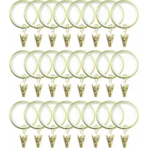 24 Pack Curtain Rings with Smooth, Quiet Nylon Inserts with Clips, Window Clip Rings Curtain Hooks Hangers, 1.26 in Interior Diameter, Fits up to 1" Rod (Golden)