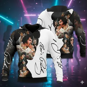 Elvis 3D All Over Print Hoodie, King of Rock n Roll Tribute Shirt, Aesthetic Rock Star Streetwear, Vintage Elvis Fan Gift