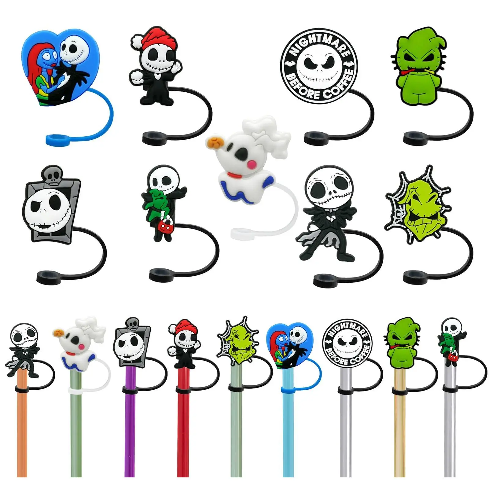 Reusable Halloween & Christmas Straw Covers (9Pcs) - Silicone Straw Spout Lids, Dust-Proof Drinking Accessory for Kitchenware Drinkware, Silicone Lid