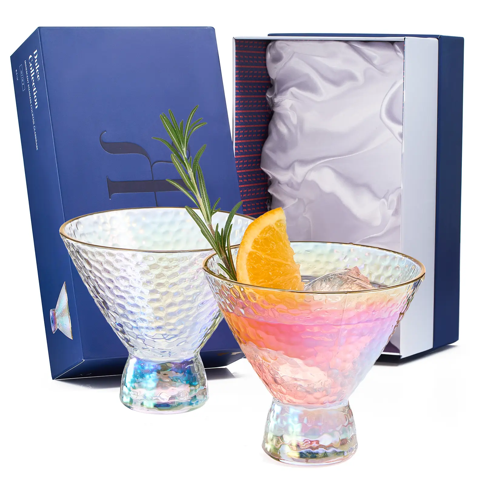 Iridescent Lustered Stemless Martini Glasses Set of 2 - Hammered Cocktail & Martini Glasses - Luxury Gift Box - Gold Rim 8oz Colorful Stemless Glassware - Weddings, Anniversary, Christmas, Barware
