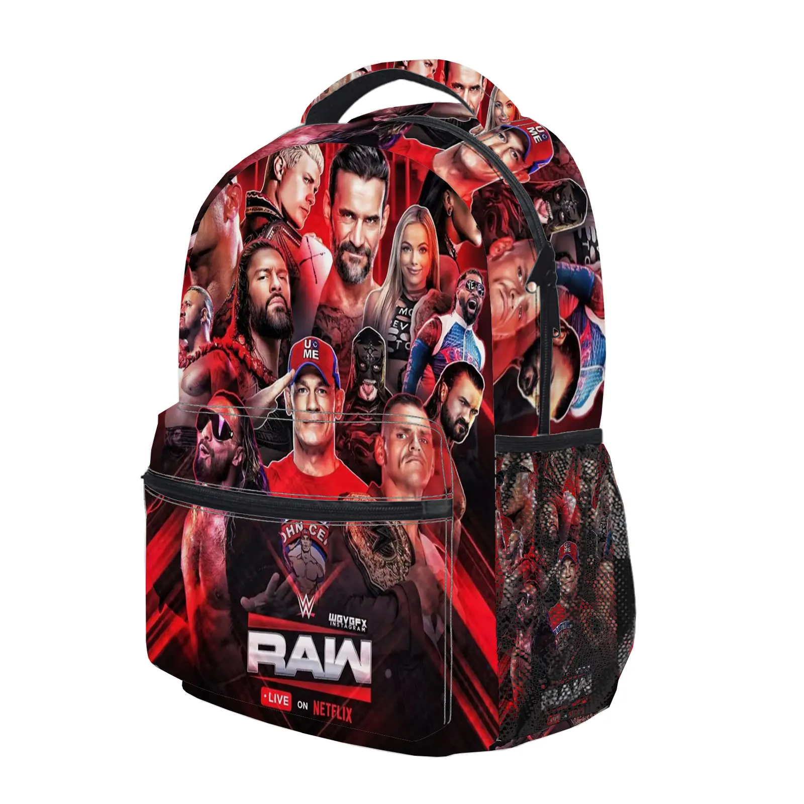 WWE Backpack, Cute Y2K Fashion School Bag for Girls and Teens, Durable Cartoon Printed Bookbag with Mesh Side Pockets, Lightweight Travel Daypack for Back to School c-282