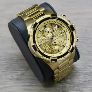 Invicta Men's Gold Chronograph Watch with Black Leather Strap and Stainless Steel Band