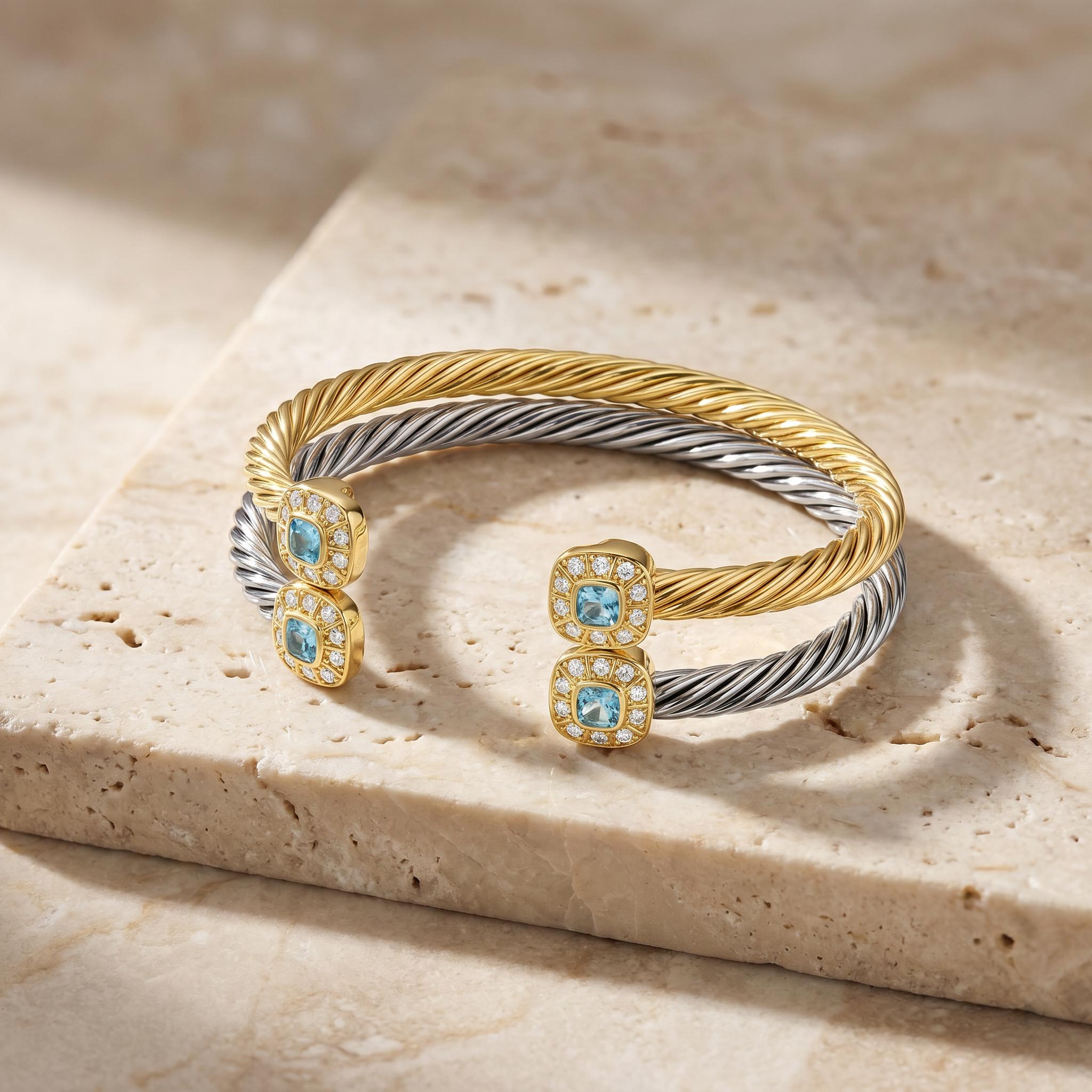 Aprilery Aquamarine Blue Cushion Cut Halo Twisted Cable Cuff Bracelet Vintage Fresh Daily Wear Jewelry