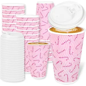 50 count Christmas Disposable Coffee Cups with   Candy Cane Paper Cup Corrugated Ripple Wall Insulated Hot Cups for Xmas Winter  Office Party Supplies, 16 Oz