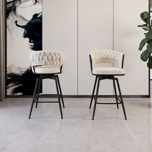 26" Bar Chair Linen Woven Bar Stool Set of 2,Black legs Barstools No Adjustable Kitchen Island Chairs,360 Swivel Bar Stools Upholstered Bar Chair Counter Stool Arm Chairs with Back Footrest (White)