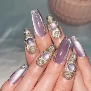 100% Handmade Press On Nails, Long Coffin Fake Nails, Luxury Lilac Cat Eye with Gold Flakes & Rhinestones, Salon-Quality 3D Acrylic Nails for Women, Reusable & Detachable Nail Kit with Full Tools