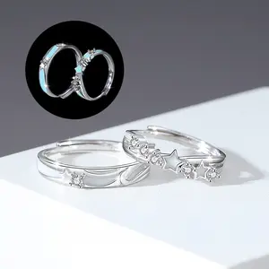 Shooting Star Glow-in-the-Dark Sterling Silver Matching Rings for Couples - Adjustable Size with Zircon Accent luxury jewelry elegant accessory
