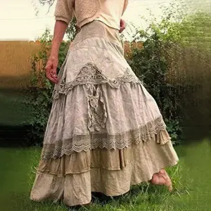 Long Maxi skirts women 2025 Boho layered long lace skirt Maxi Net flared elegant button plus size cotton skirt new No.211