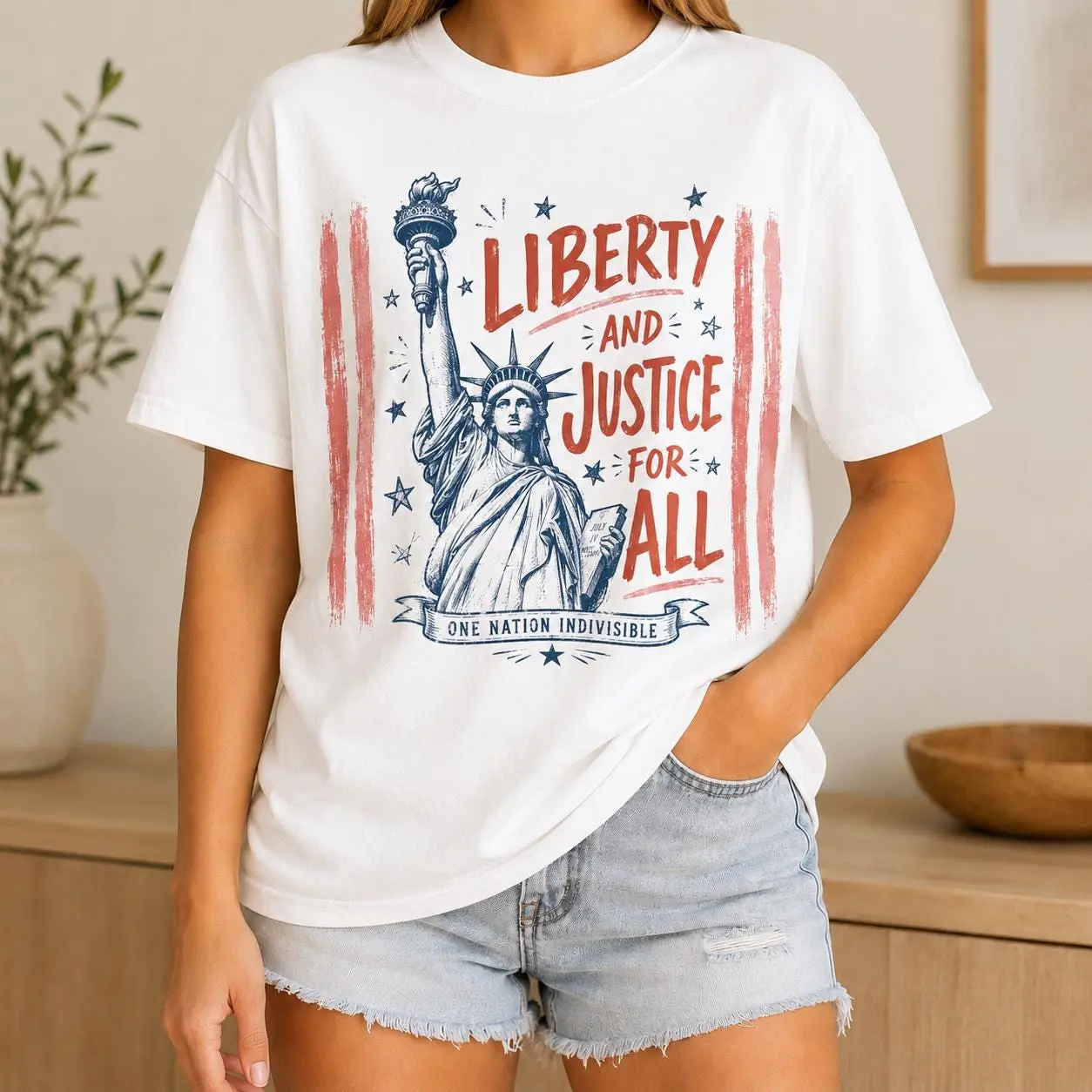 Comfort Colors Liberty and Justice For All Shirt, Vintage Statue of Liberty Tee, One Nation Indivisible, 4th of July Patriotic Gift