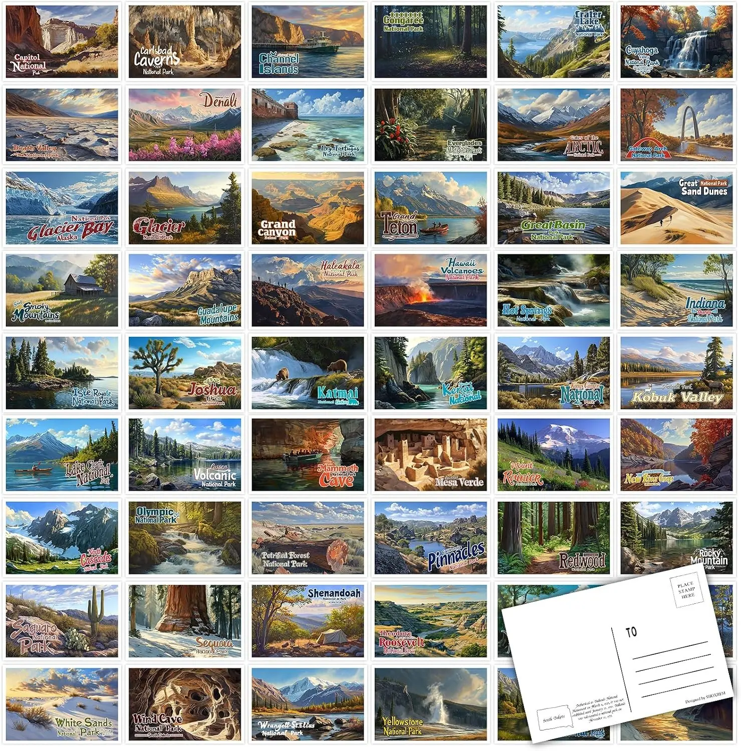 63pcs National Park Theme Postcards U.S. -Travel Landscape Postcard Decor Gift With Mailing Side - 4" x 6" Cards