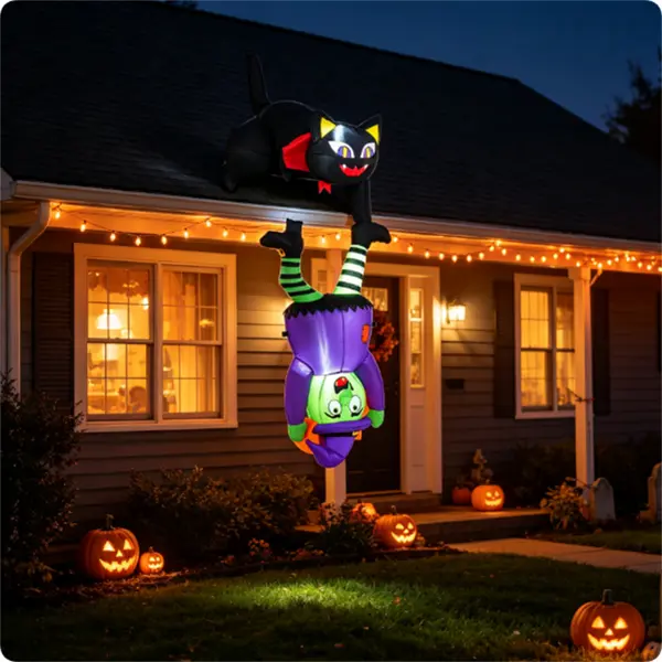 6.2 FT Halloween Hanging Inflatable Black Cat & Witch Decoration with LED Lights, Outdoor Indoor Blow Up Yard Decor