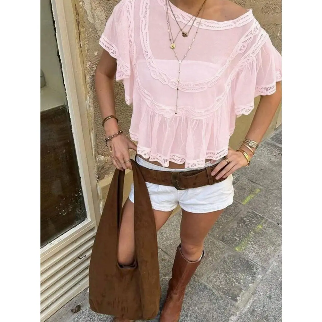 Bohemian Women's Lace Folded Lace Shirt Top - Casual Perspective Loose Short Half Sleeve Top, Suitable For Summer Daily Vacation Party Cowboy Concert