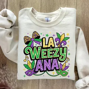 LA Weezy Ana T-Shirt, Sweatshirt, Hoodie (Printed Glitter Effect), Mardi Gras New Orleans Shirt, Purple Green Gold Party Outfi, Fat Tuesday