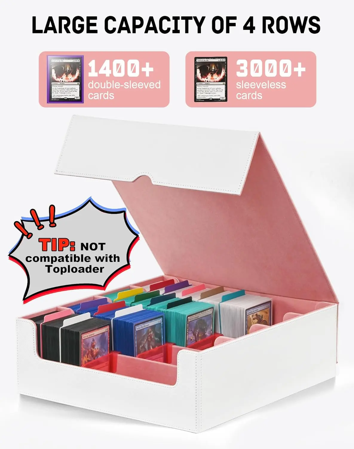 TINTEK 3000+ Card Storage Box White Pink 4-Row Large Capacity TCG Organizer Case for TINTEK 3000+ Card Storage Box White Pink 4-Row Large Capacity TCG Organizer Case for