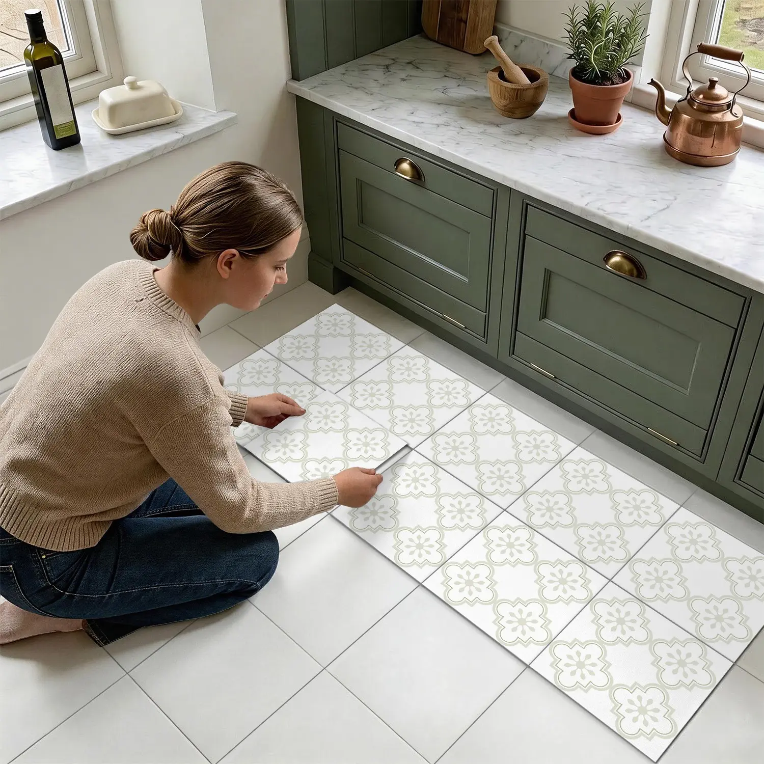10pcs Modern Geometric Flower Decorative Floor Stickers, Waterproof Removable PVC Tiles, Kitchen & Bathroom, Non-Slip Design, Decoration, 7.87x7.87 & 11.81x11.81 Inches
