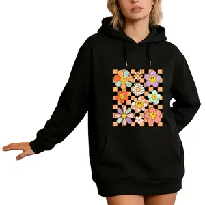 Women’s Groovy Checkered Hoodie with Smile Print – Fashionable Long Sleeve Top