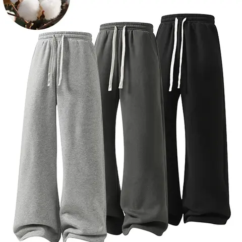 Men's Baggy Cotton Sweatpants - Soft Comfy, Oversized Loose Fit Bottoms, Solid Straight Wide Leg Athleisure Style Bottoms for Casual Streetwear & Weekend Hangs