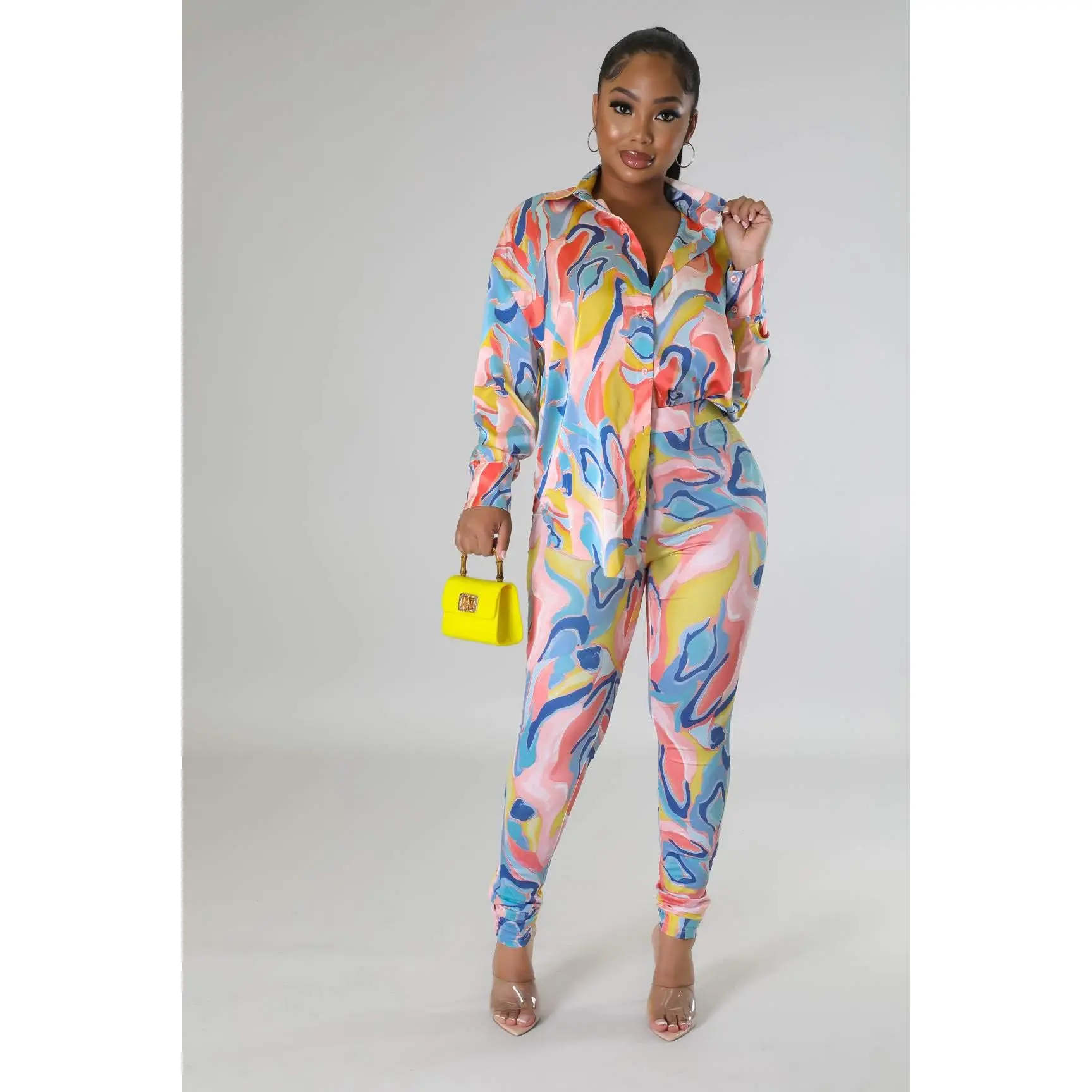 Women's Misha High Waisted Legging Set - Peach, Spandex-Polyester Fabric, Elastic Construction, Sleeve Design, Button