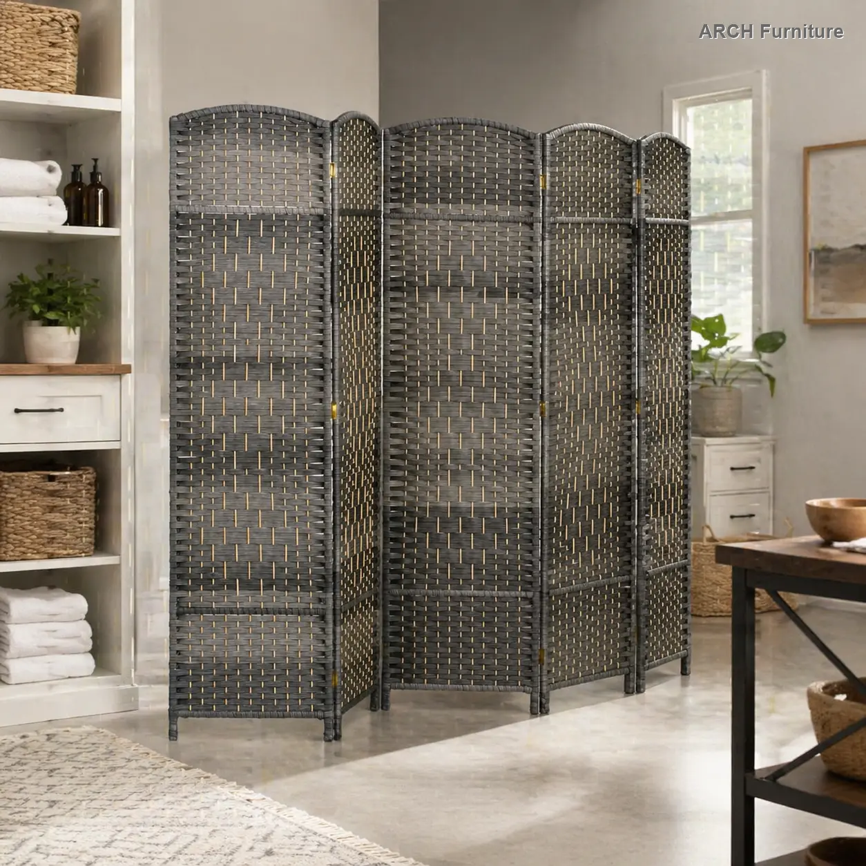 HOMCOM 6-Panel Arched Top Foldable Freestanding Room Partition, 6' Tall Hand-Woven Weave Texture Privacy Screen, Indoor Wall Divider for Home, Office, Living Room Decor, Freestanding Room Partitions