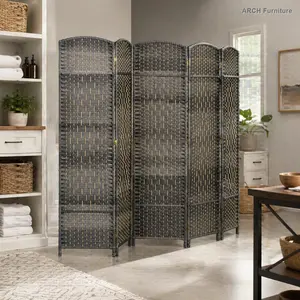HOMCOM 6-Panel Arched Top Foldable Freestanding Room Partition, 6' Tall Hand-Woven Weave Texture Privacy Screen, Indoor Wall Divider for Home, Office, Living Room Decor, Freestanding Room Partitions