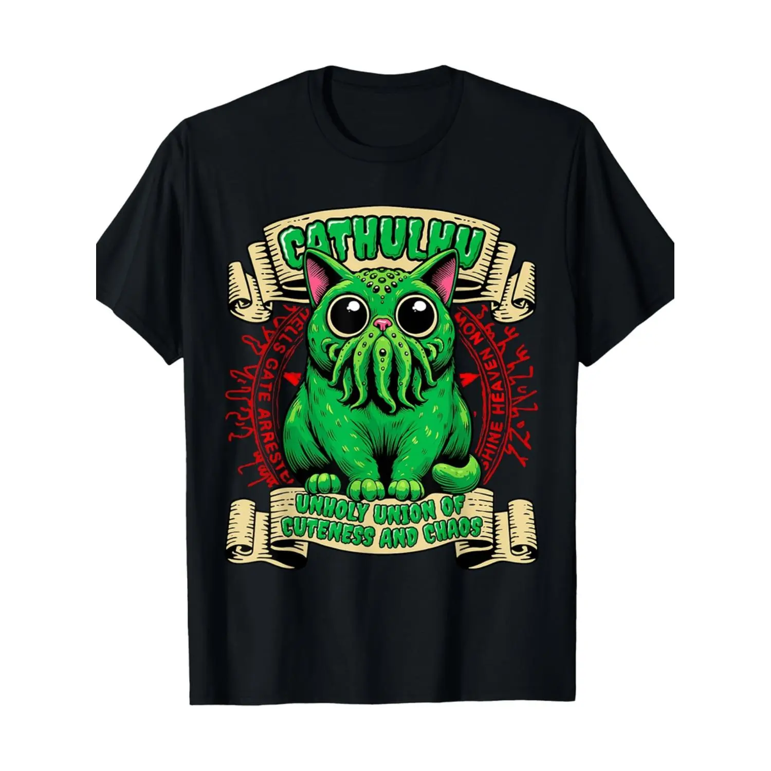 Men's 100% Cotton Minimalist Short-Sleeve Crew Neck Cthulhu Cat Graphic T-Shirt, Casual Fit, All Sizes, Machine Washable, Vibrant Print, Athletic Basic, Year-Round Wear, Indoors Use, Golf Gift Menswear Top