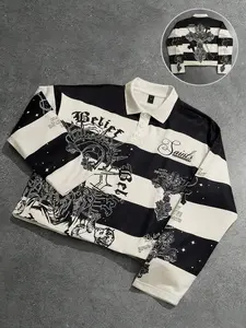 Striped polo collar long sleeved T-shirt for men, featuring Sacred Heart of Jesus and Virgin Mary prints, Unisex European American street fashion casual wear, Street style