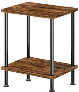2-Tier Rustic Brown Side Table - Compact Nightstand with Storage Shelves