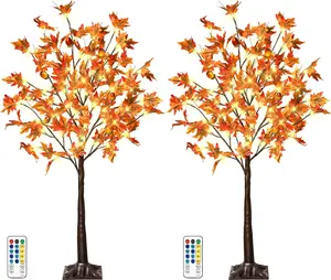 2 Pack 4FT 60LED Lighted Maple Tree - Fall Thanksgiving Decor Artificial Tree with 6 Acorns 120 Leaves, Remote 8 Flashing Modes, Timing, DC 5V Safe for for Indoor Outdoor Harvest Decor