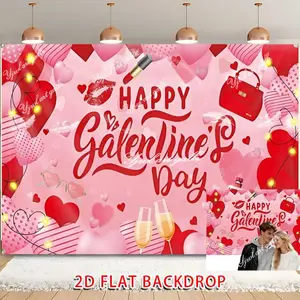 1PC,2D Flat Galentine's Day Party Backdrop, Pink Love Heart Champagne Lip Print Decorative Banner, Photo Background Cloth for Female Friendship Celebration, Festival Atmosphere Decoration Curtain for