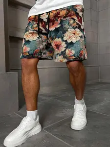 Men's Fashion Streetwear Floral Print Shorts, Loose-Fit Drawstring Waist, All-Season Digital Printing, Trendy Sport Style, Floral Casual Shorts