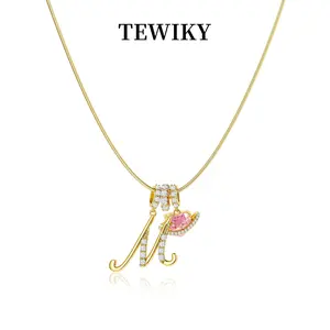 Tewiky Gold 3-Layering Initial A-Z Letter Pendant Necklaces for Women Snake Chain Choker Pink Heart Zircon Adjustable Length Necklace Jewelry For Valentine's Day