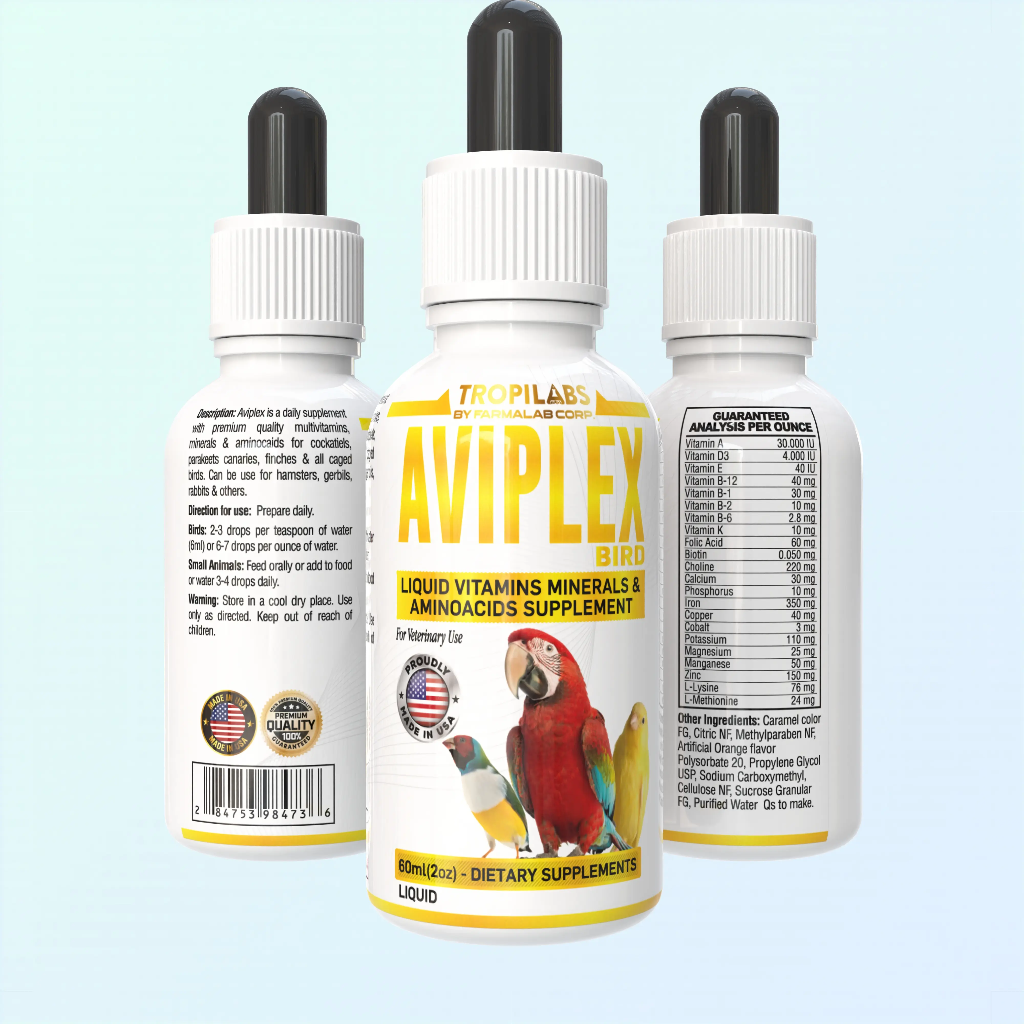 FARMALAB Aviplex Multivitamin Supplement - 60ml Formula with Minerals, Amino Acids for Feeding Caged Birds, Small Animals (Rabbits, Gerbils, Hamsters) Pet Healthcare Needs