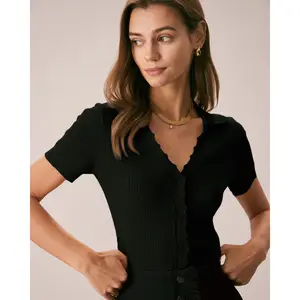 rihoas Women's Black Minimalist Basic Slim Casual Short-Sleeve Collared V-Neck Button Pointelle Knit Top - Viscose-Nylon Fabric Regular Sleeve T-Shirt, Shortsleeve