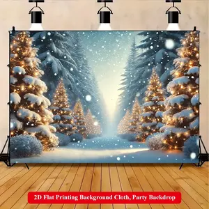 2D Flat Printing Backdrop Banner 1pc, Snowy Christmas Trees With Lights Vibrant Polyester Background Cloth for Family Party, Wedding, Birthday, Christmas, Thanksgiving, Fall, Entryway, Room Decorations, Easy to Set Up, Reusable