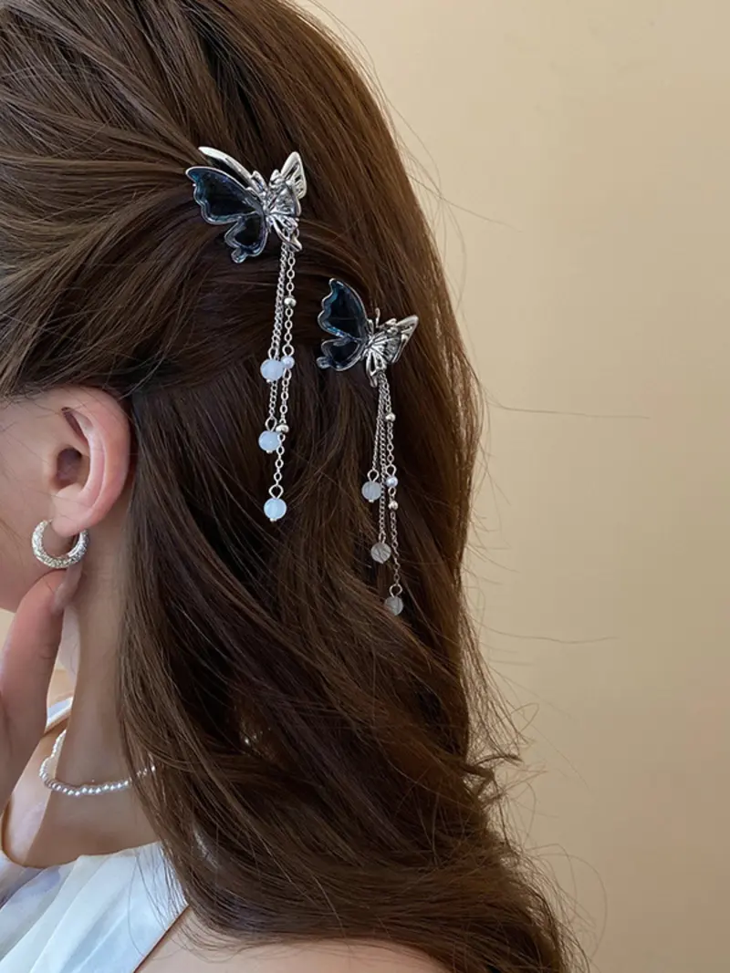? Stunning Pair Of Faux Pearl Beaded Tassel Cloth Butterfly Appliqué Hair Clips 2pcs Purple Butterfly Hair Clips Chinese Pearl Tassel  main image 2