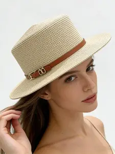 Women's Summer Beach Straw Hat, Flat Top Sun Protection Cap, Wide Brim Panama Style, UV Protection Upf, Fashion Outdoor Accessory