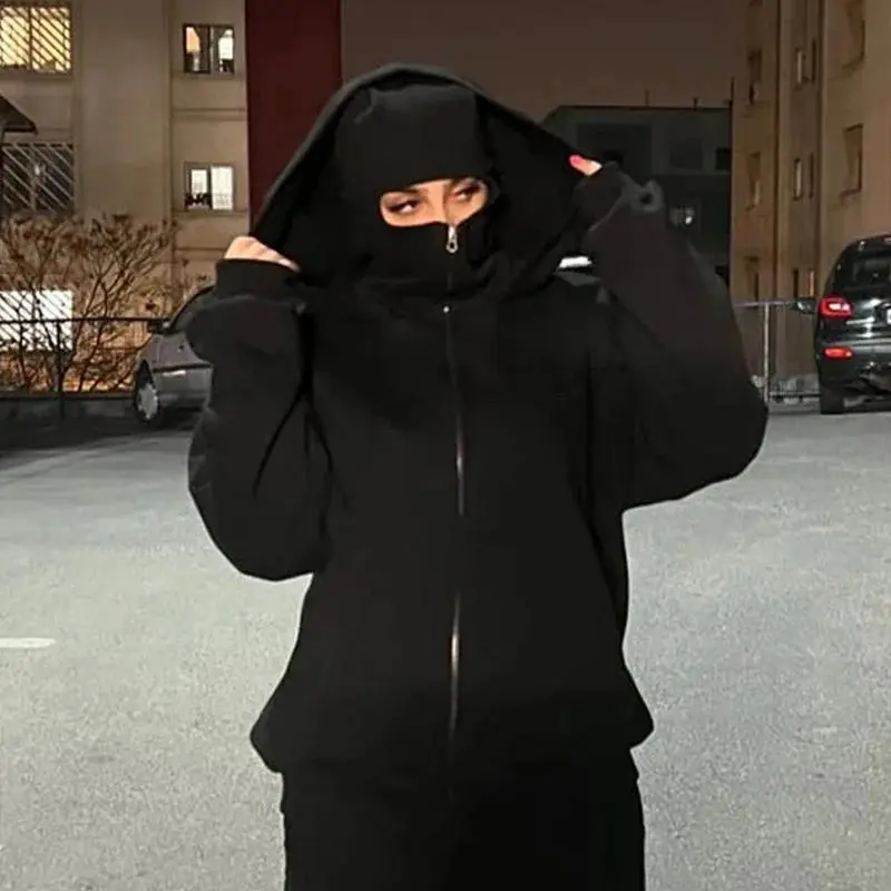 2025 Balaclava Jacket Zip Up Fashion Double Layer Hoodie Hip Hop Outerwear Jacket Y2K Clothing for Men and Women